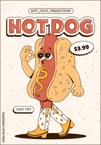 Cool hot dog poster in retro groovy style. Trendy cartoon illustration. Maskot for cafes, bars, restaurants.