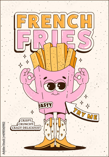 Poster with cool fries in retro groovy style. Trendy cartoon illustration. Maskot for cafes, bars, restaurants.