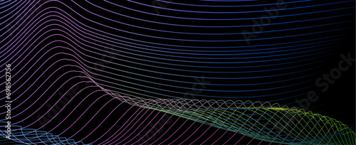 Vector wave lines pattern smooth curve flowing dynamic light isolated on black background,	