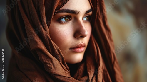 Hijab fashion  muslim woman beauty and skincare  makeup and aesthetic cosmetics on studio background. Islamic religion  brown scarf and face headshot of young Saudi Arabia girl  culture