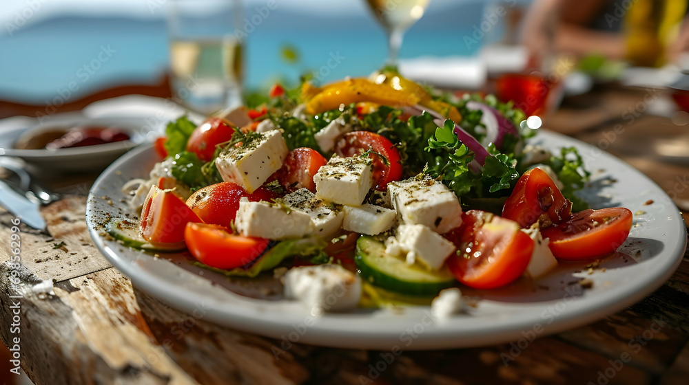A colorful Greek salad with fresh vegetables and feta cheese, artistically presented on a rustic plate