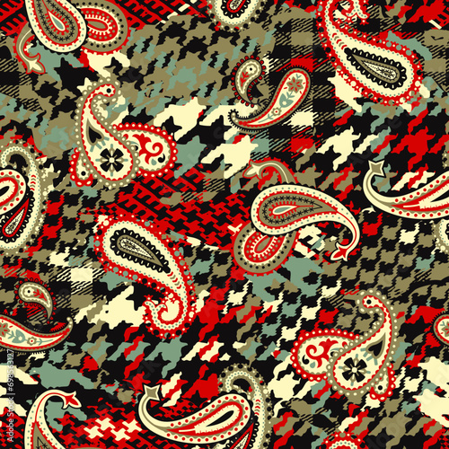 Pied de poule houndstooth tartan and paisley swirl patchwork wallpaper abstract vector seamless pattern for fabric shirt pillow tablecloth wrapping