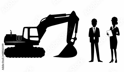 vector silhouette of a construction foreman with heavy equipment, on a white background