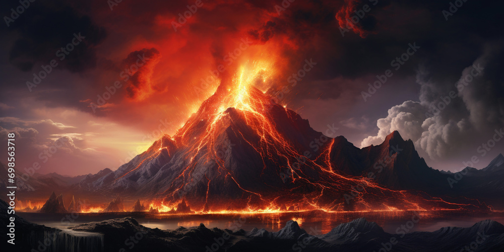 Abstract Nature Diseases Merge with the Furies of a Volcano on an Island,,
a mountain with lava coming out of it,,
Big volcano eruption, erupting with fiery lava and fire spewing from its crater
