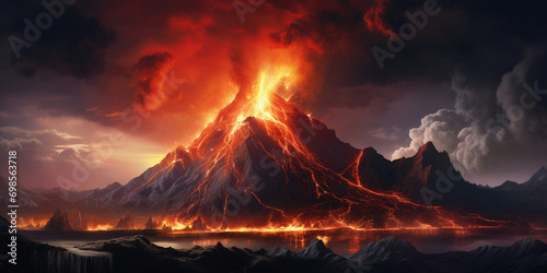 Abstract Nature Diseases Merge with the Furies of a Volcano on an Island,, a mountain with lava coming out of it,, Big volcano eruption, erupting with fiery lava and fire spewing from its crater 