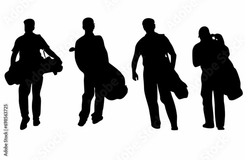 set of silhouettes of golf players carrying bags, on a white background