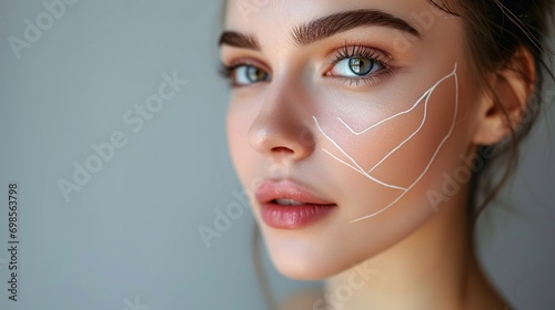 Lifting lines, advertising of face contour correction, female face skin lifting. Facial rejuvenation concept photo