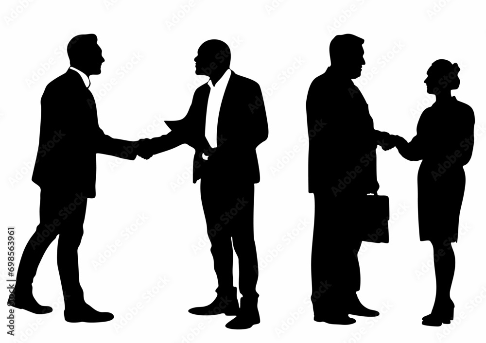 set of silhouettes of business people shaking hands on a white background