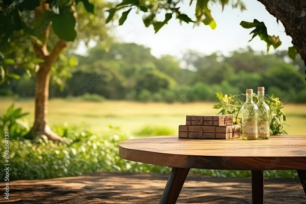 Table with orange tree and grass