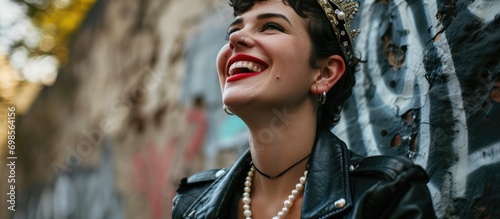 Stylish woman with crown and pearls, smiling confidently in leather jacket. photo