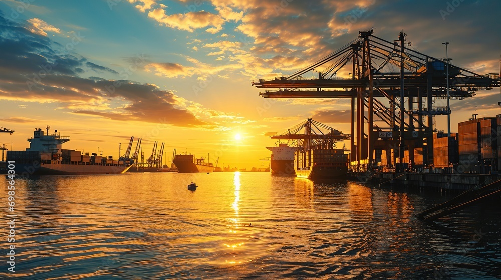 Fototapeta premium Logistics and transportation of Container Cargo ship and Cargo plane with working crane bridge in shipyard at sunrise, logistic import export