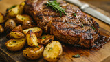 Shallow depth of field (selective focus) image with  a tasty dish of steak and baked potatoes. Generative AI.