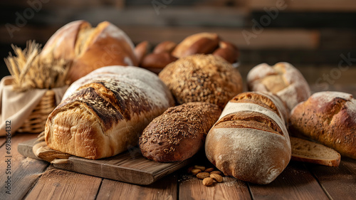 Various types of bread on a table. AI generated.