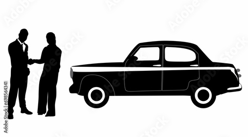 Businessman standing and car silhouette vector, on white background