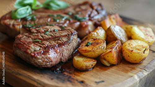 Shallow depth of field (selective focus) image with a tasty dish of steak and baked potatoes. Generative AI.