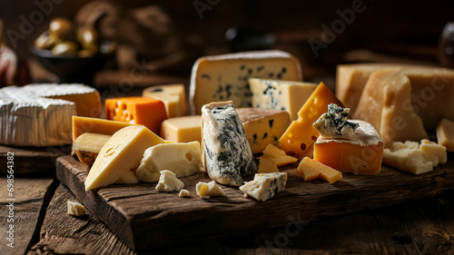 Various kinds of cheese on a table. Generative AI.