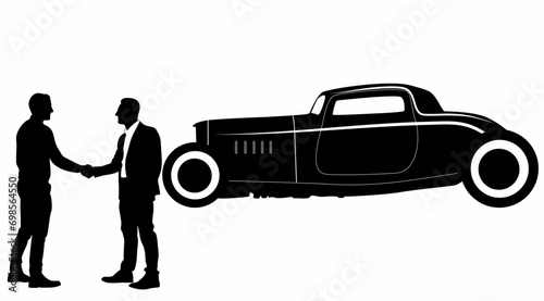 Businessman standing and car silhouette vector, on white background