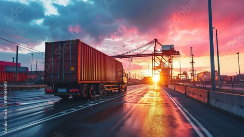 Logistics concept, Truck of logistics network distribution and smart transportation and networking intelligent logistics of truck container cargo, Logistic import export and industry