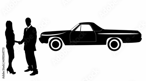 Businessman standing and car silhouette vector, on white background