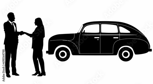 Businessman standing and car silhouette vector, on white background
