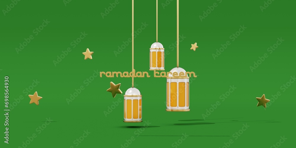 Ramadan Kareem holiday design. Celebrate Ramadhan Holy month in Islam. Background Realistic 3d blue gift boxes, crescent with star and hanging lanterns. 