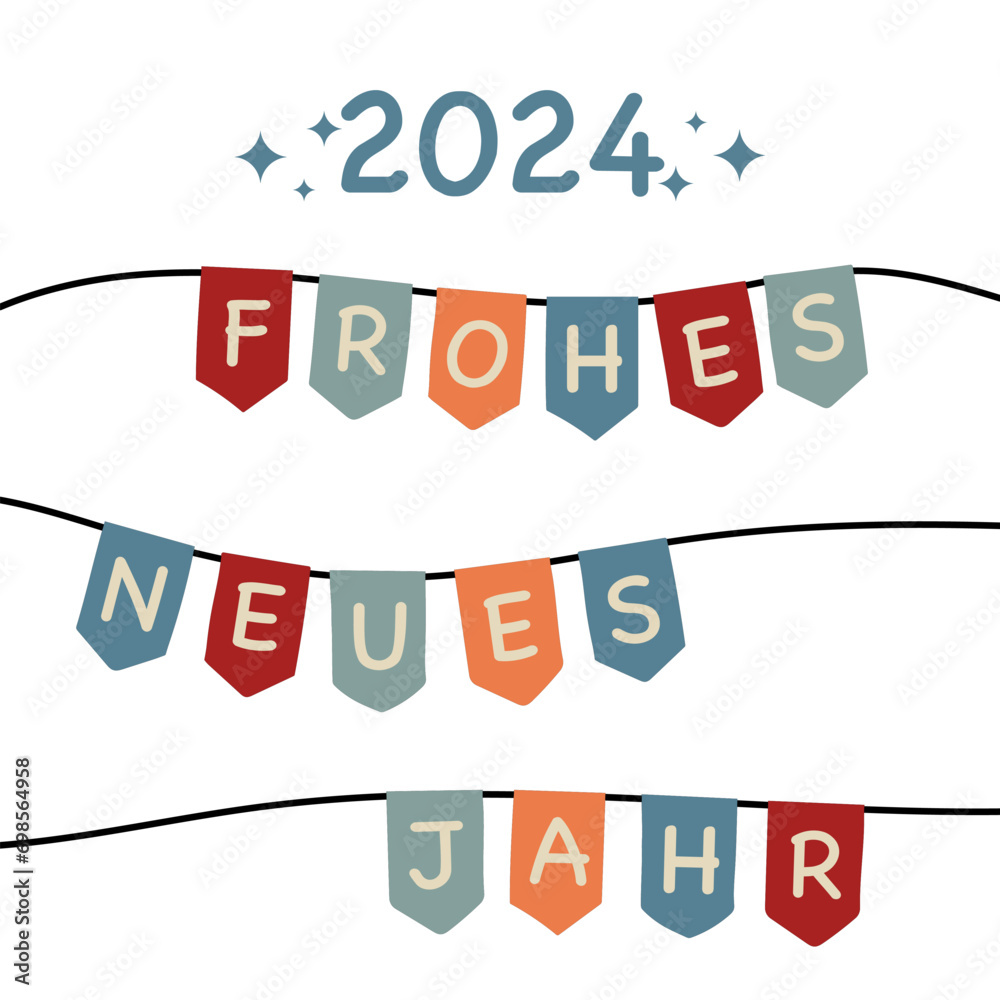 2024 Frohes neues Jahr Schriftzug in deutscher Sprache. Quadratische