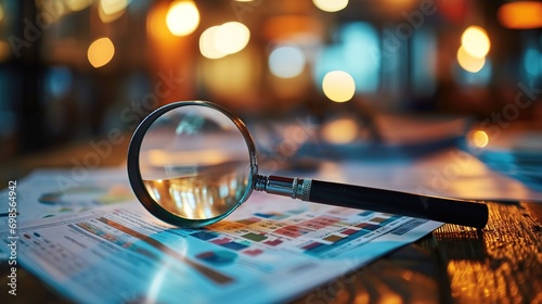 Magnifying glass and documents with analytics data lying on table,selective focus