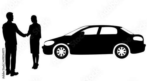 Businessman standing and car silhouette vector, on white background