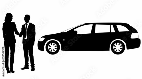 Businessman standing and car silhouette vector, on white background