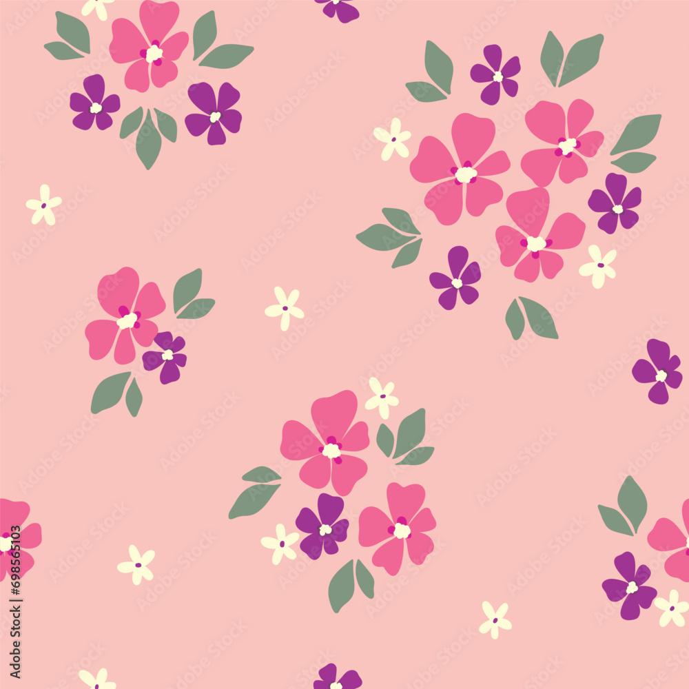 Seamless floral pattern, liberty ditsy print of mini cute daisy flowers. Pretty simple botanical design: small hand drawn flowers, tiny leaves, little bouquets on pink. Vector ornament, illustration.