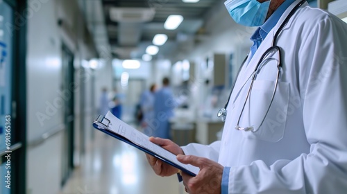 man, doctor and reading clipboard with documents of research, healthcare schedule and test results in hospital