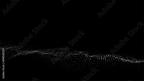 Abstract wave with light on black background. Science background with moving dots and lines. Network connection technology. Digital structure with particles. Vector illustration.