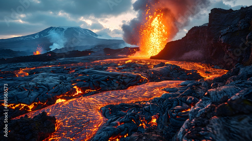 A dynamic volcanic eruption with flowing lava and plumes of smoke against a rugged landscape.