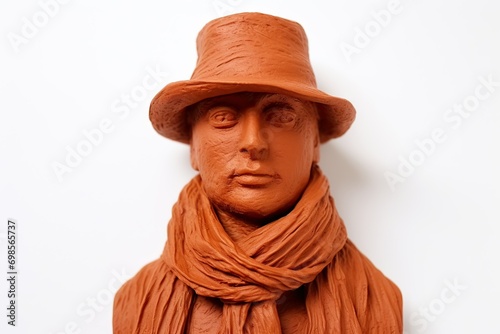 person in a hat and scarf molded from plasticine on a white background. sculpture of a man. Art. Art therapy. Impersonality. photo