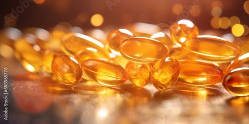 Golden Capsules. Vitamin Serum. Beauty and Health Concept,, Fish oil capsules with omega 3 and vitamin D on wooden table