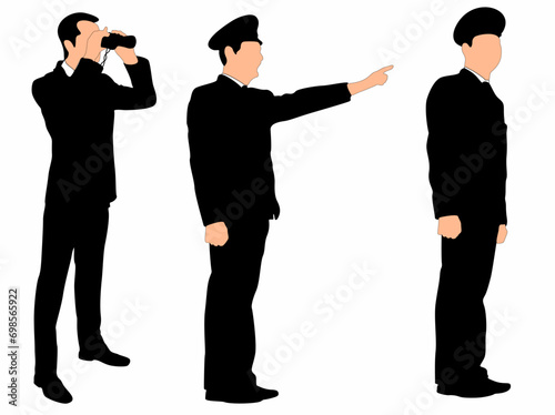 set of silhouettes of ship captains on a white background