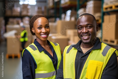 Portrait of smiling african american female warehouse worker standing in warehouse with colleagues in background