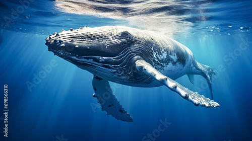 Humpback whale playing near the surface in blue ocean water photo
