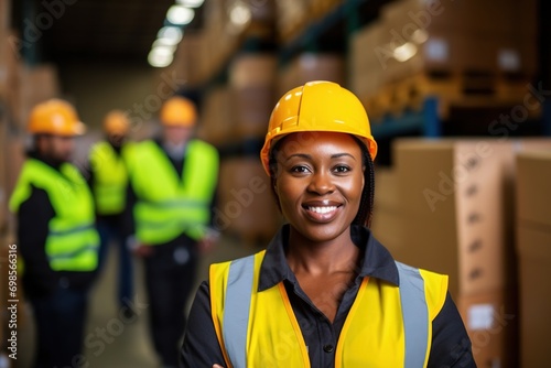 Portrait of smiling african american female warehouse worker standing in warehouse with colleagues in background © Rudsaphon