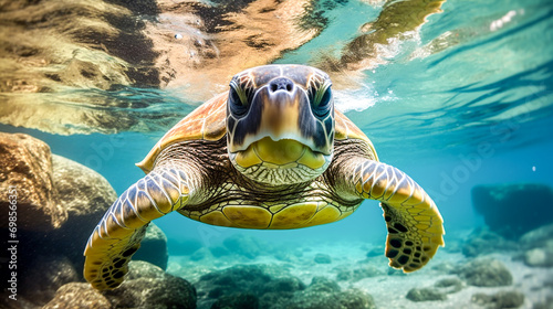 Photo of a sea turtle on the Galapagos Islands close-up