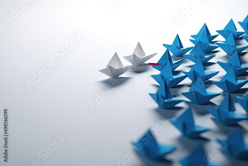 Arrow shaped group paper boats blue leader going same rection  3D illustration © akkash jpg