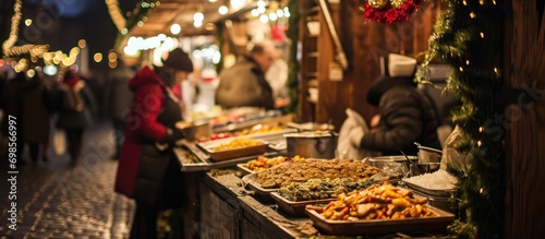 Polish street food stall in Main Square, Krakow during Christmas market. photo