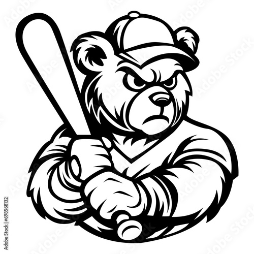 Baseball Bear mascot drawing black and white vector