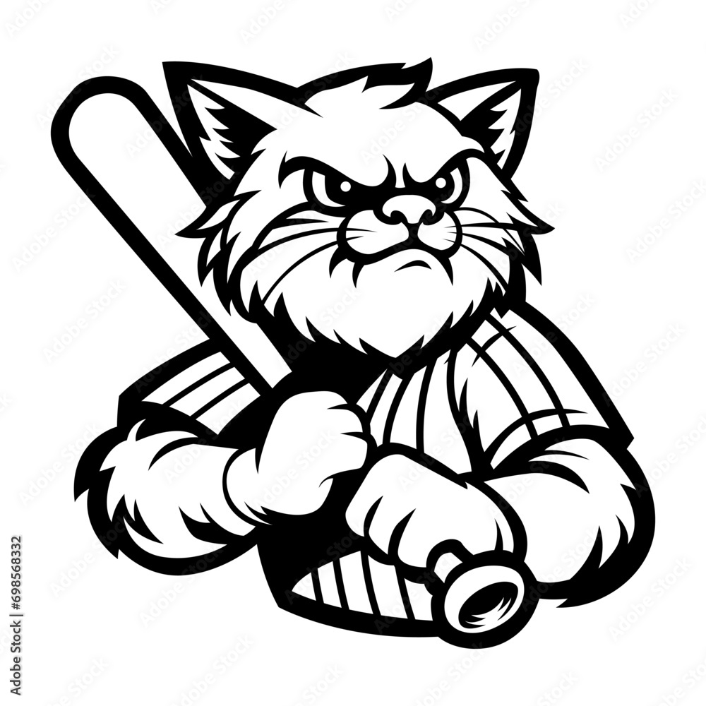 Mascot of baseball cat drawing vector black and white