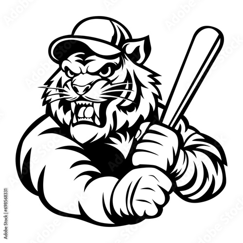 Baseball Tiger mascot drawing black and white vector