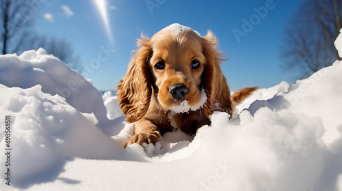 A beautiful Cocker Spaniel puppy playing in the fresh fallen snow, AI Generative.