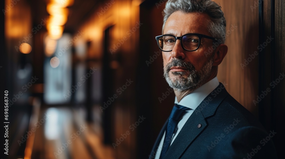 Portrait of a mature businessman standing in hotel corridor. Male executive in formalwear and eyeglasses Portrait of a mature businessman standing in hotel corridor. Male executive in formalwear and eyeglasses