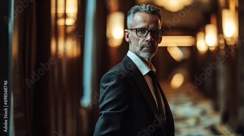 Portrait of a mature businessman standing in hotel corridor. Male executive in formalwear and eyeglasses
