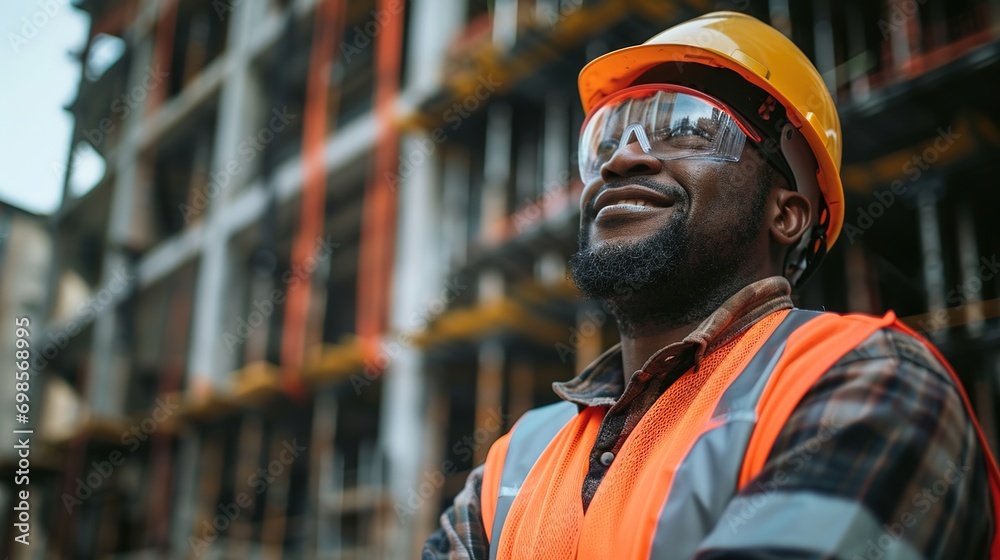 Portrait of a smiling and satisfied African American engineer wearing protective workwear posing on construction site Portrait of a smiling and satisfied African American engineer wearing protective workwear posing on construction site