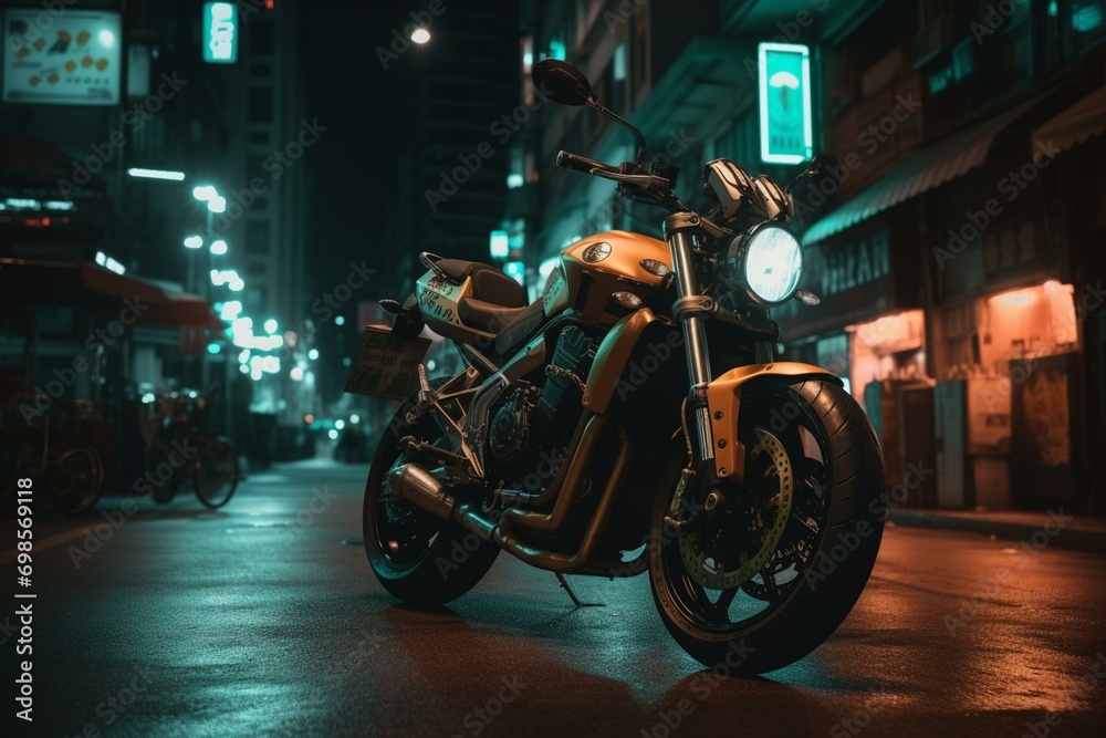 A motorbike rides through city lights at night. Generative AI